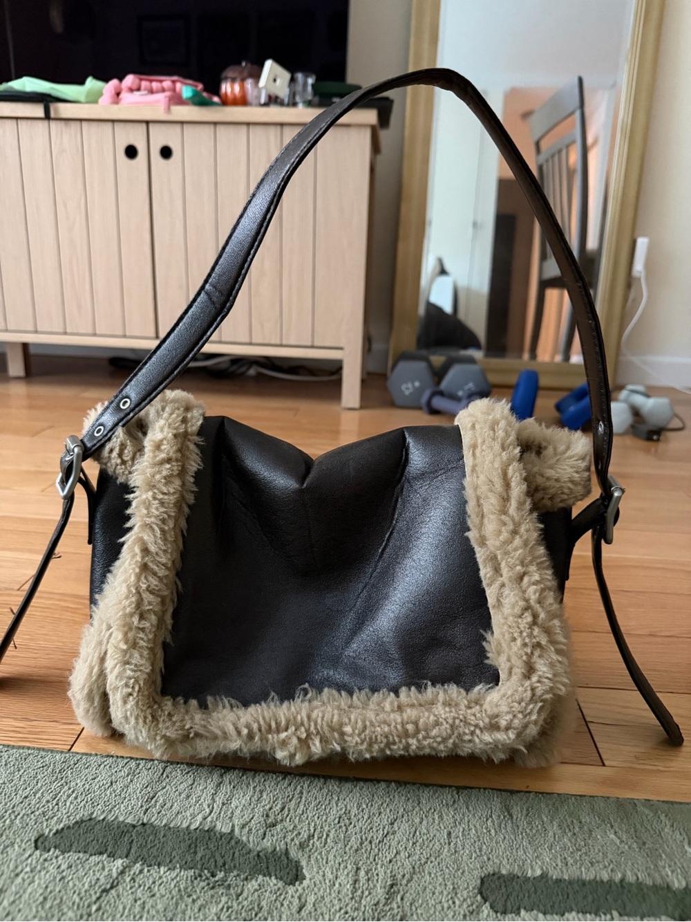 Dark Brown Faux Leather Shoulder Bag with Shearling Trim